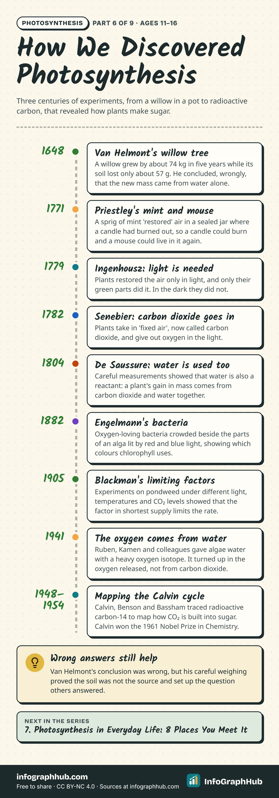Timeline of nine discoveries about photosynthesis: van Helmont's willow (1648), Priestley (1771), Ingenhousz (1779), Senebier (1782), de Saussure (1804), Engelmann (1882), Blackman (1905), Ruben and Kamen (1941), Calvin cycle (1948–1954).