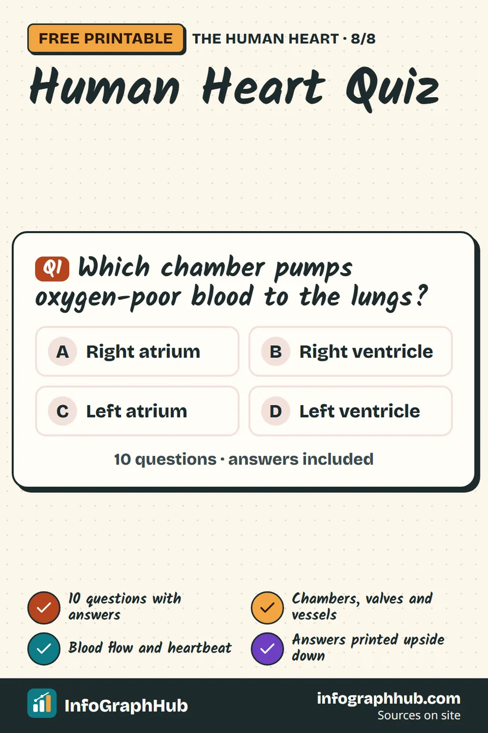 Quiz infographic with ten heart questions: chambers, the mitral valve, pulmonary veins, beats per day, the SA node, the left ventricle wall, capillaries, William Harvey, double circulation and the colour of blood.