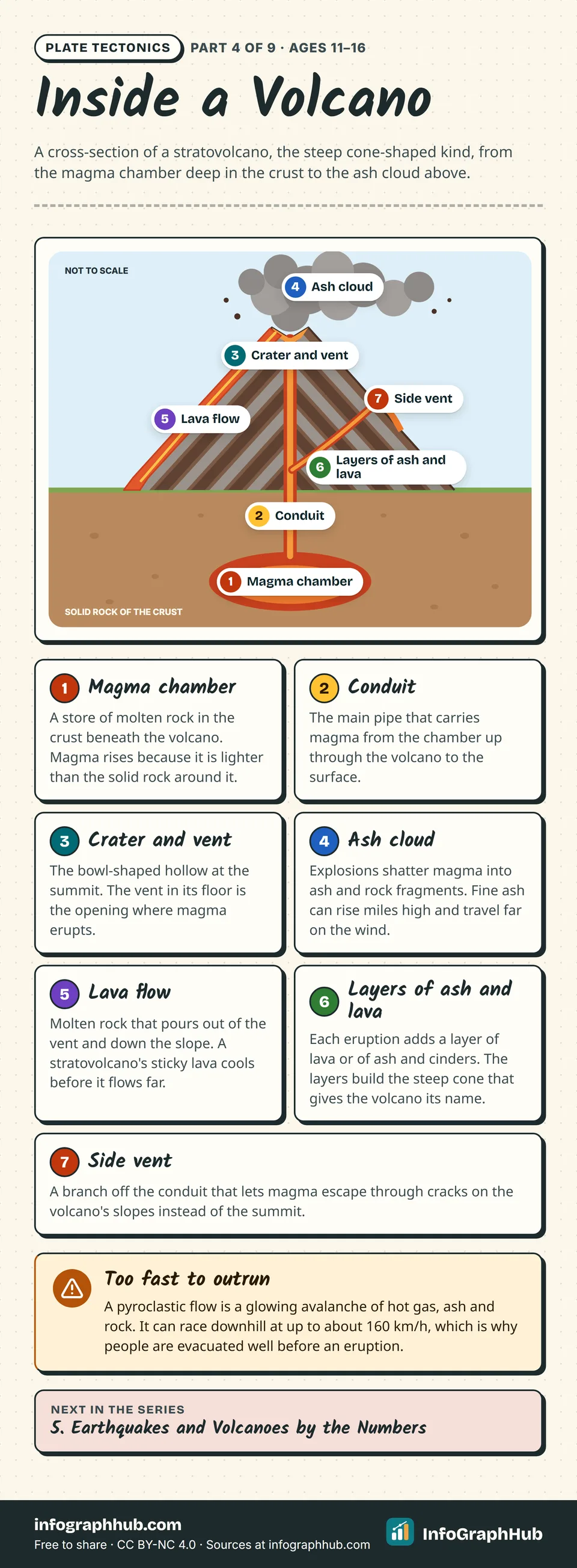 Labelled cross-section of a stratovolcano in seven parts: the magma chamber, conduit, crater and vent, ash cloud, lava flow, the layers of ash and lava that build the cone, and a side vent on the slope.