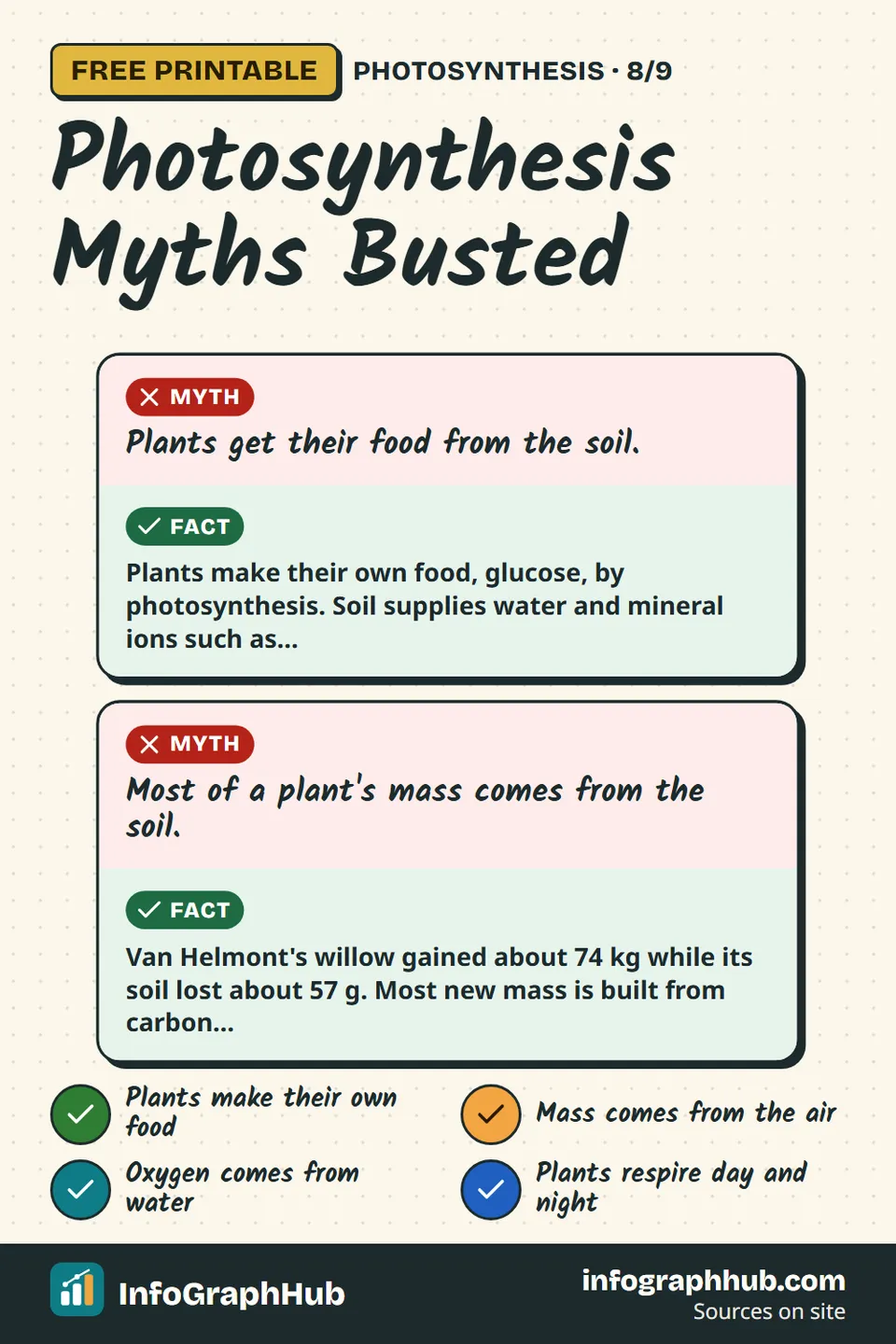 Eight photosynthesis myths with the facts: plants make their own food, mass comes mostly from CO₂, oxygen comes from water, plants respire, plants do not breathe, why leaves are green, ocean algae, and the Amazon oxygen claim.