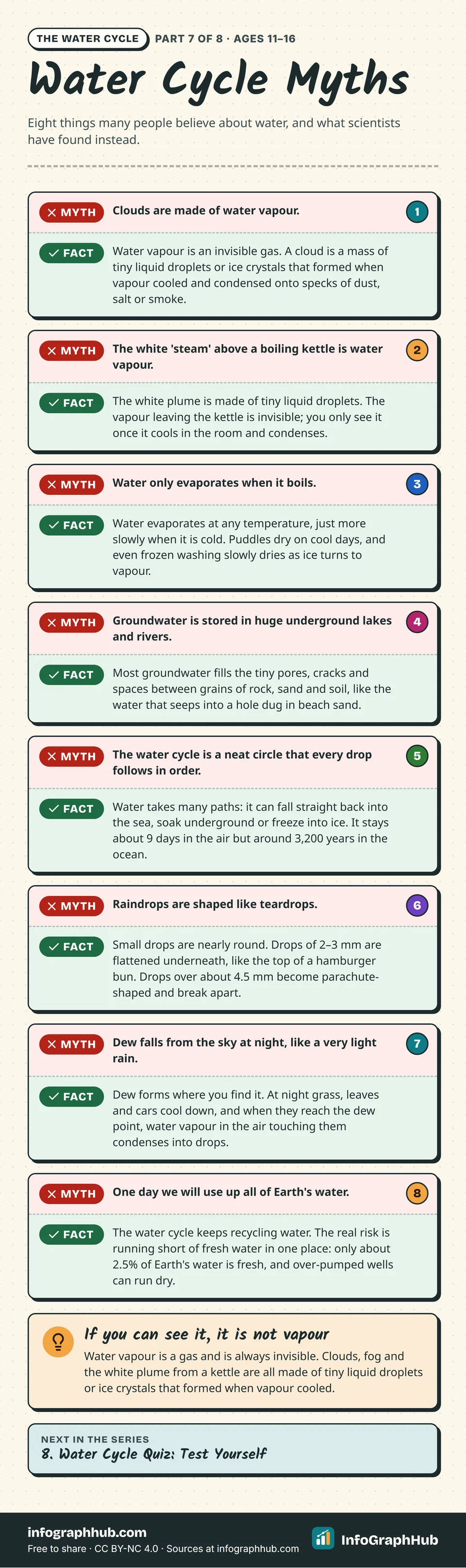 Myths and facts infographic with eight water cycle myths corrected: clouds and kettle steam are droplets not vapour, water evaporates below boiling, groundwater fills pores, raindrops are bun-shaped and dew forms in place.