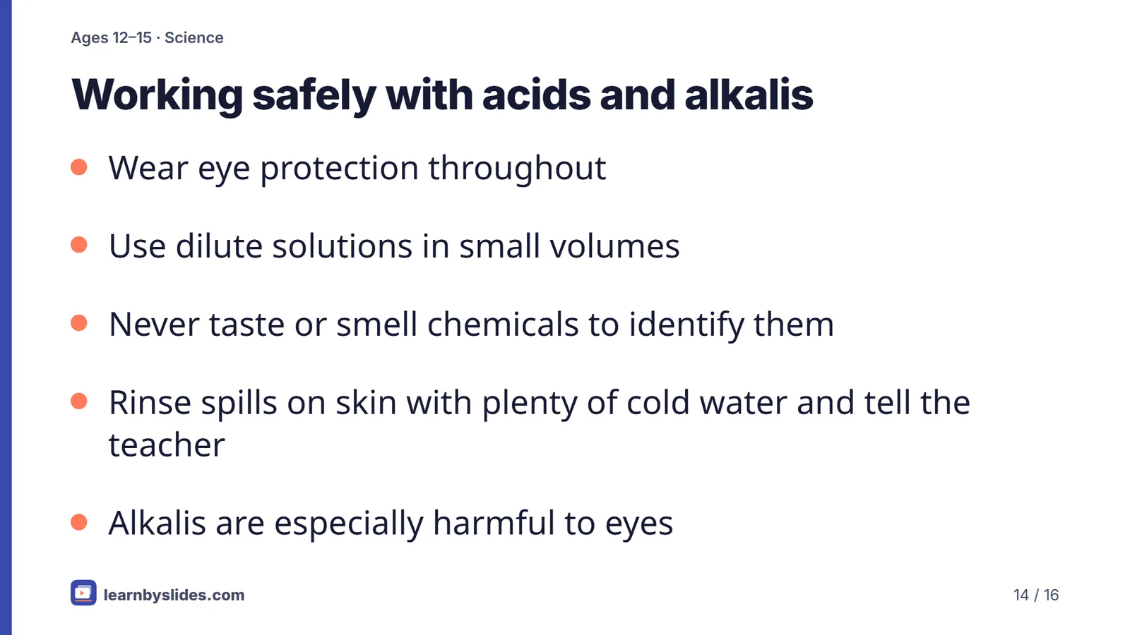 Slide 14 of 16: Working safely with acids and alkalis