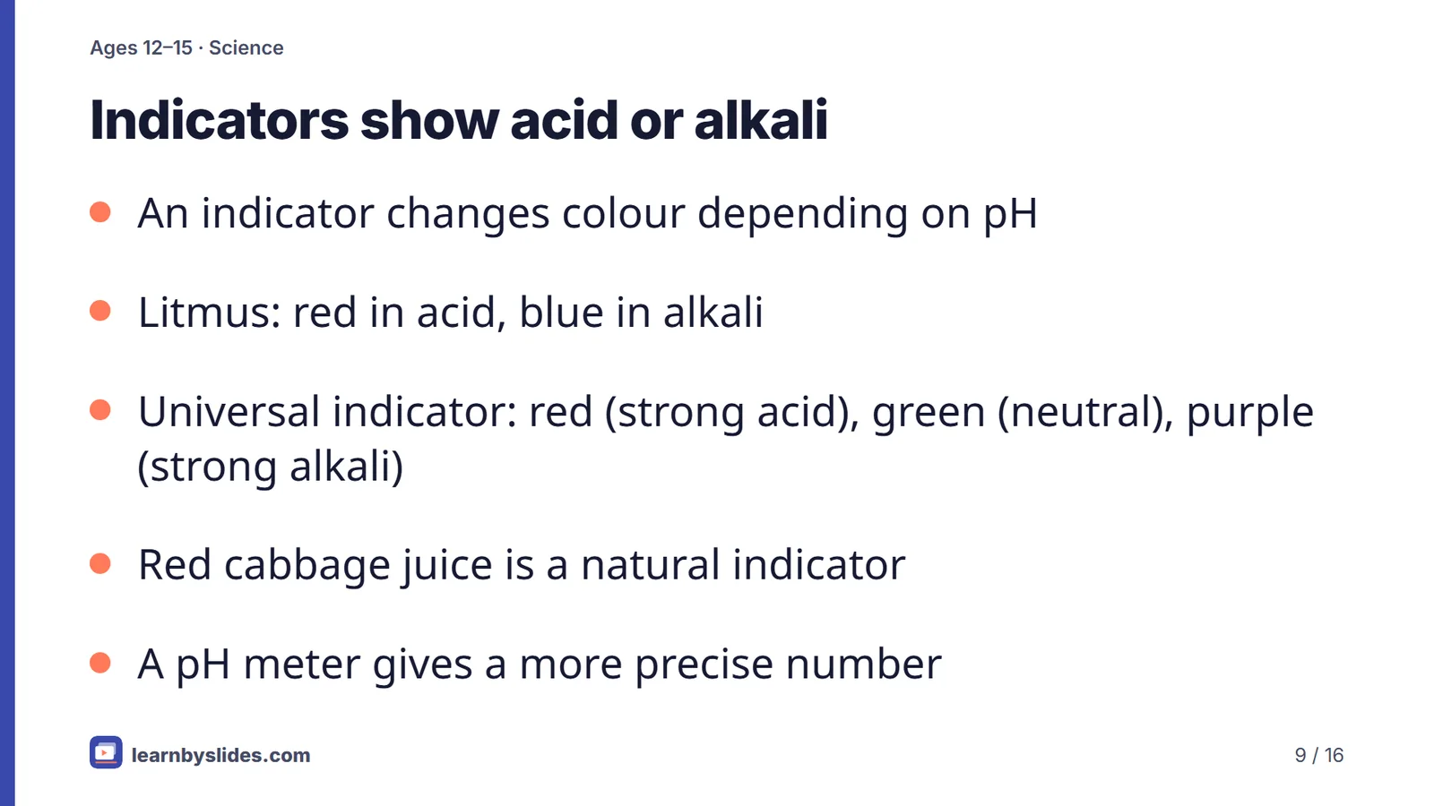 Slide 9 of 16: Indicators show acid or alkali