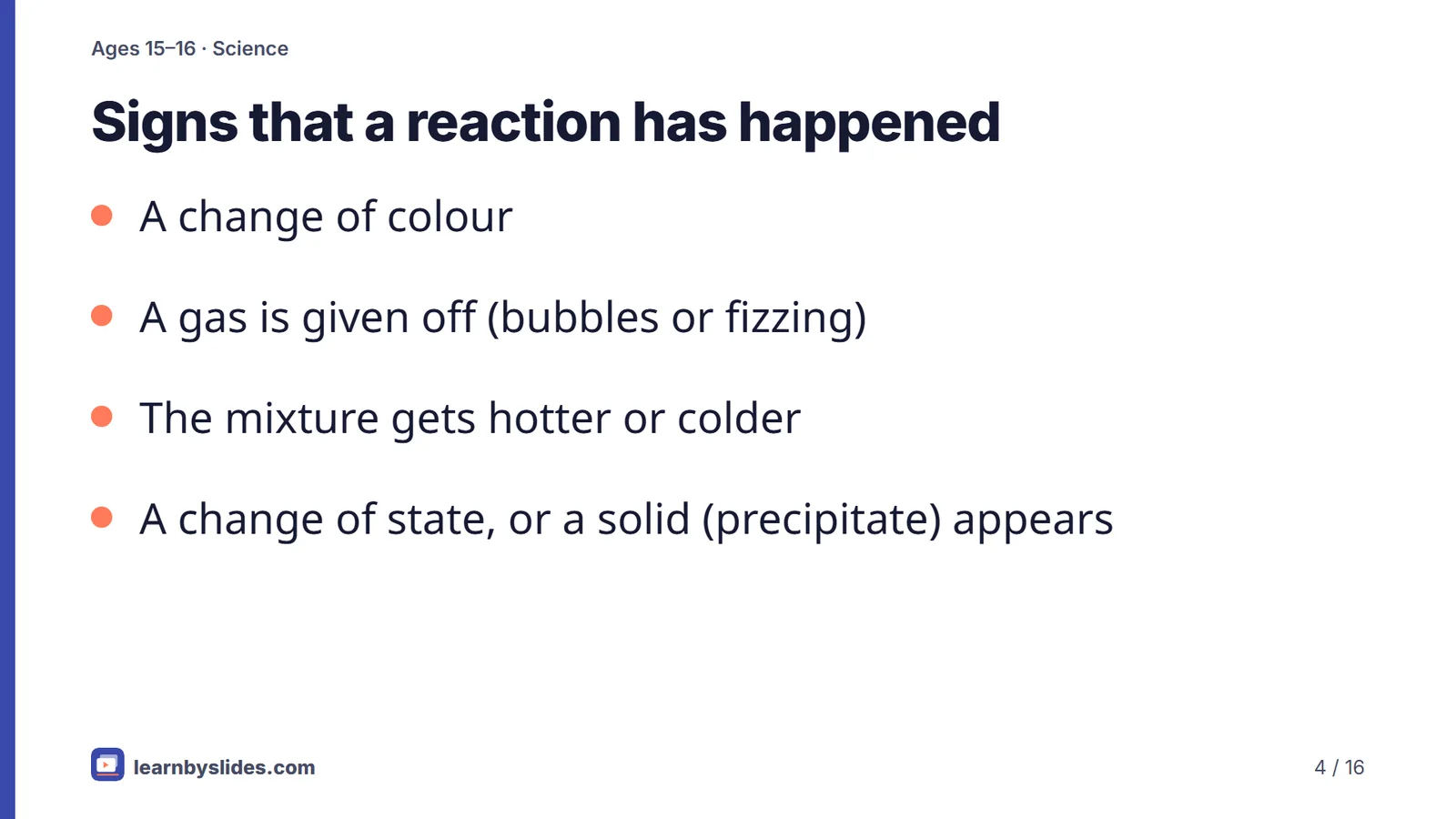 Slide 4 of 16: Signs that a reaction has happened