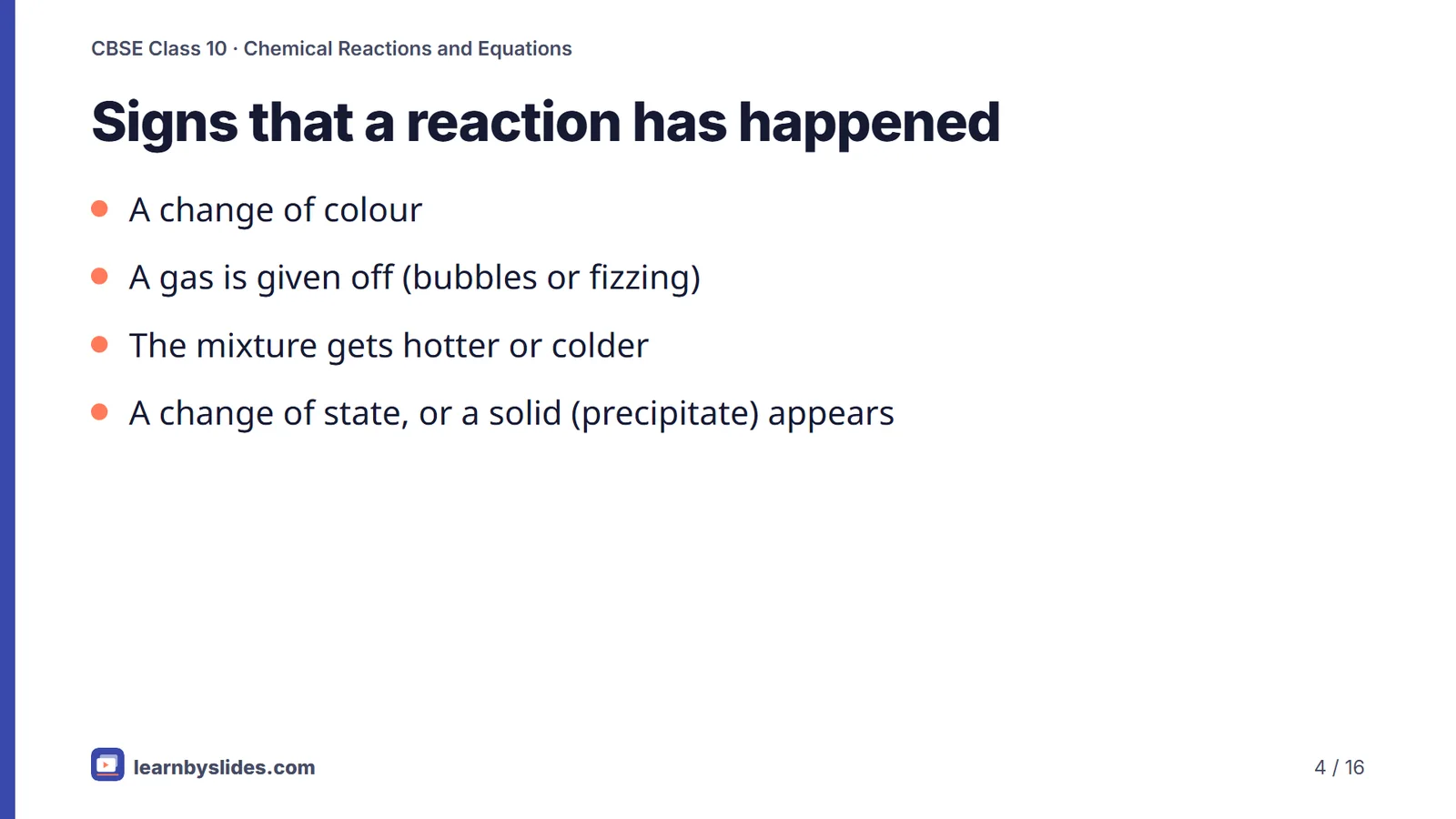 Slide 4 of 16: Signs that a reaction has happened
