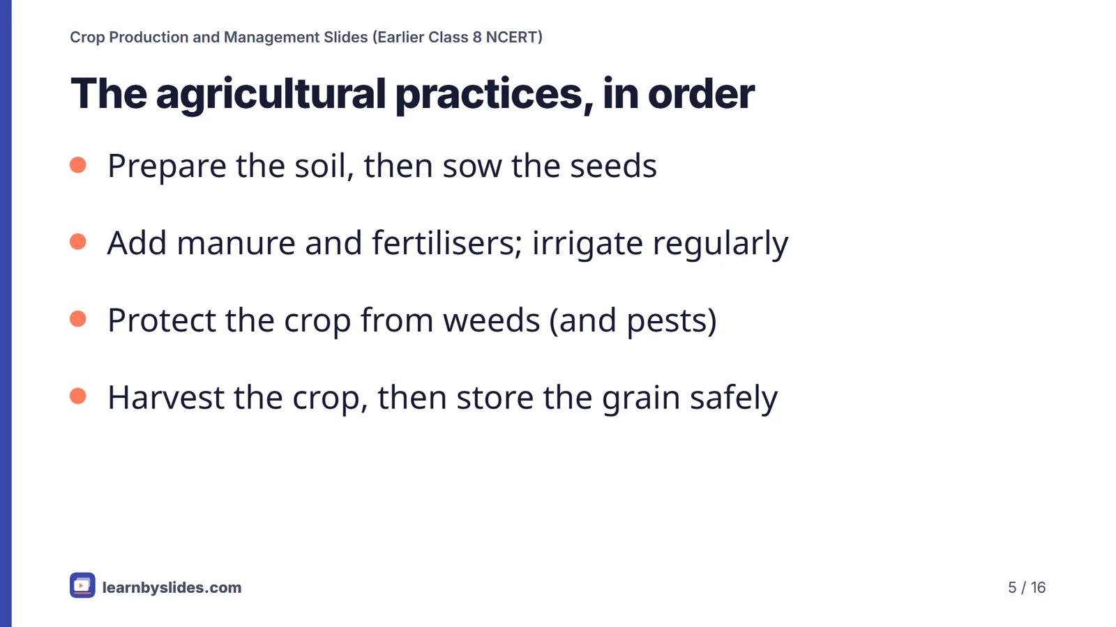 Slide 5 of 16: The agricultural practices, in order