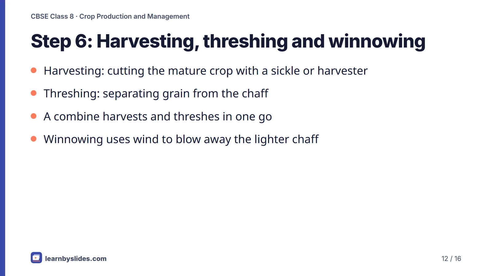 Slide 12 of 16: Step 6: Harvesting, threshing and winnowing