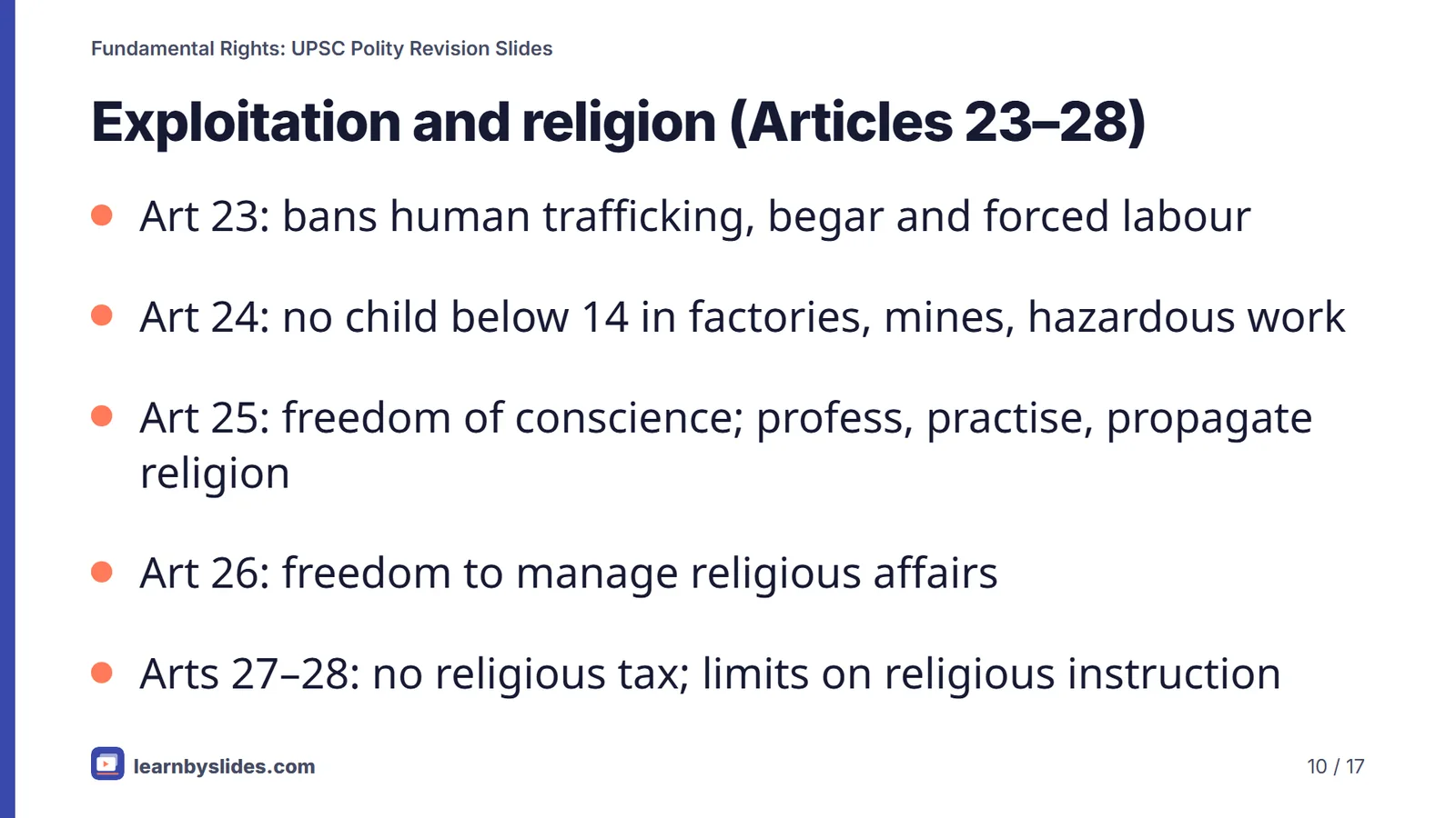 Slide 10 of 17: Exploitation and religion (Articles 23–28)