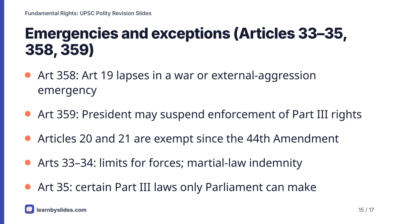 Slide 15 of 17: Emergencies and exceptions (Articles 33–35, 358, 359)