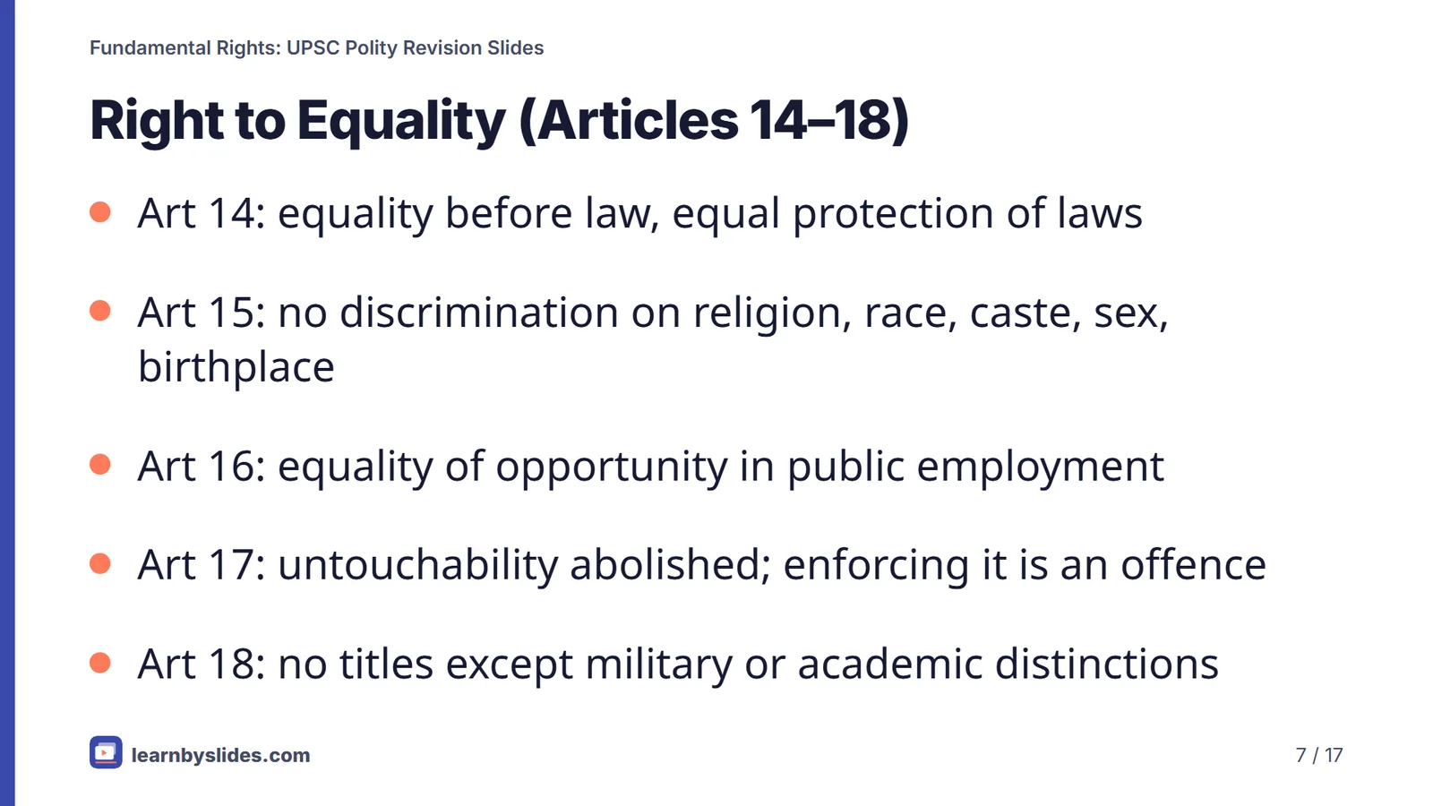 Slide 7 of 17: Right to Equality (Articles 14–18)