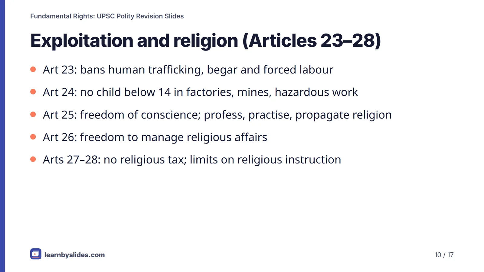 Slide 10 of 17: Exploitation and religion (Articles 23–28)