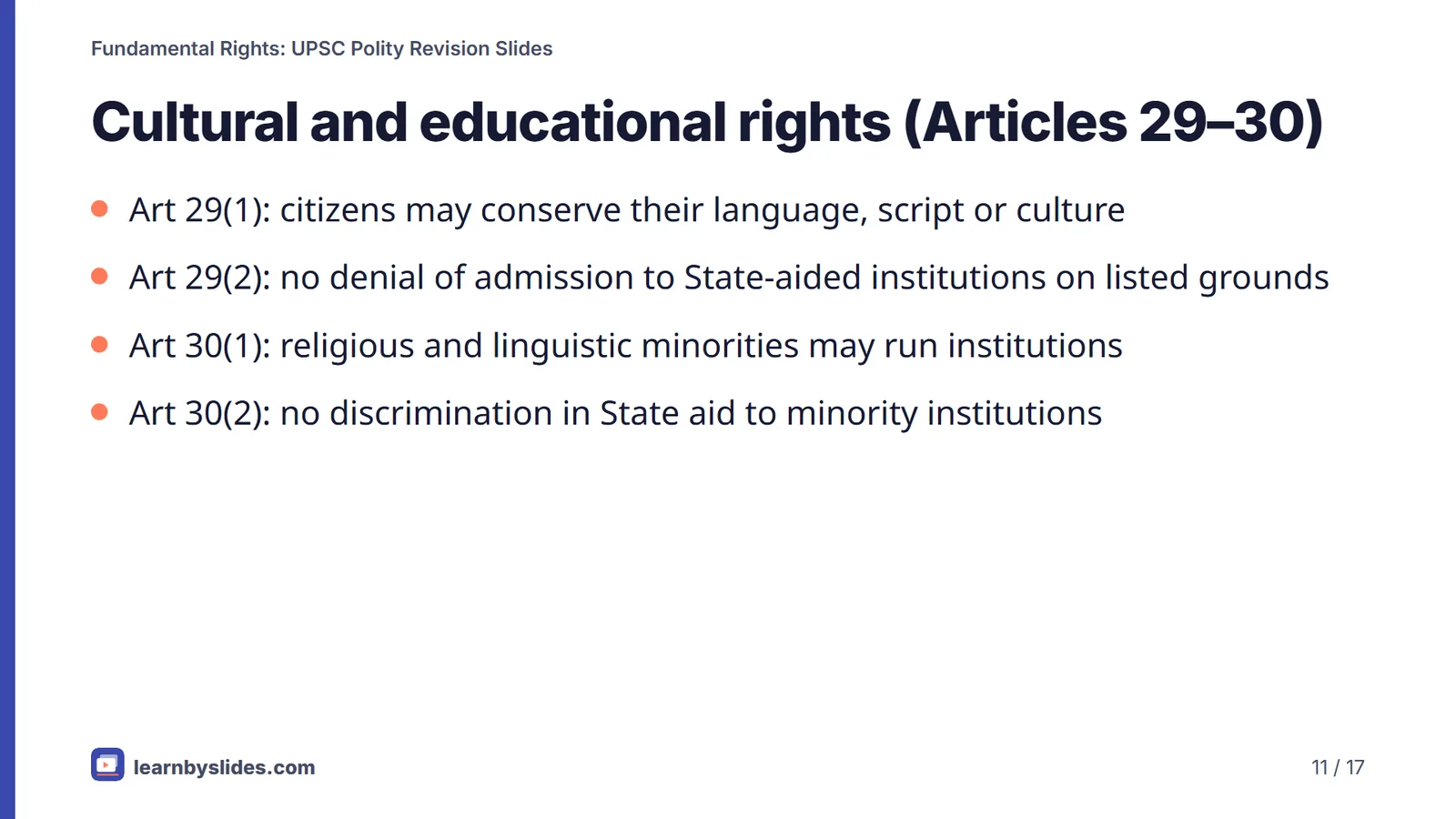 Slide 11 of 17: Cultural and educational rights (Articles 29–30)