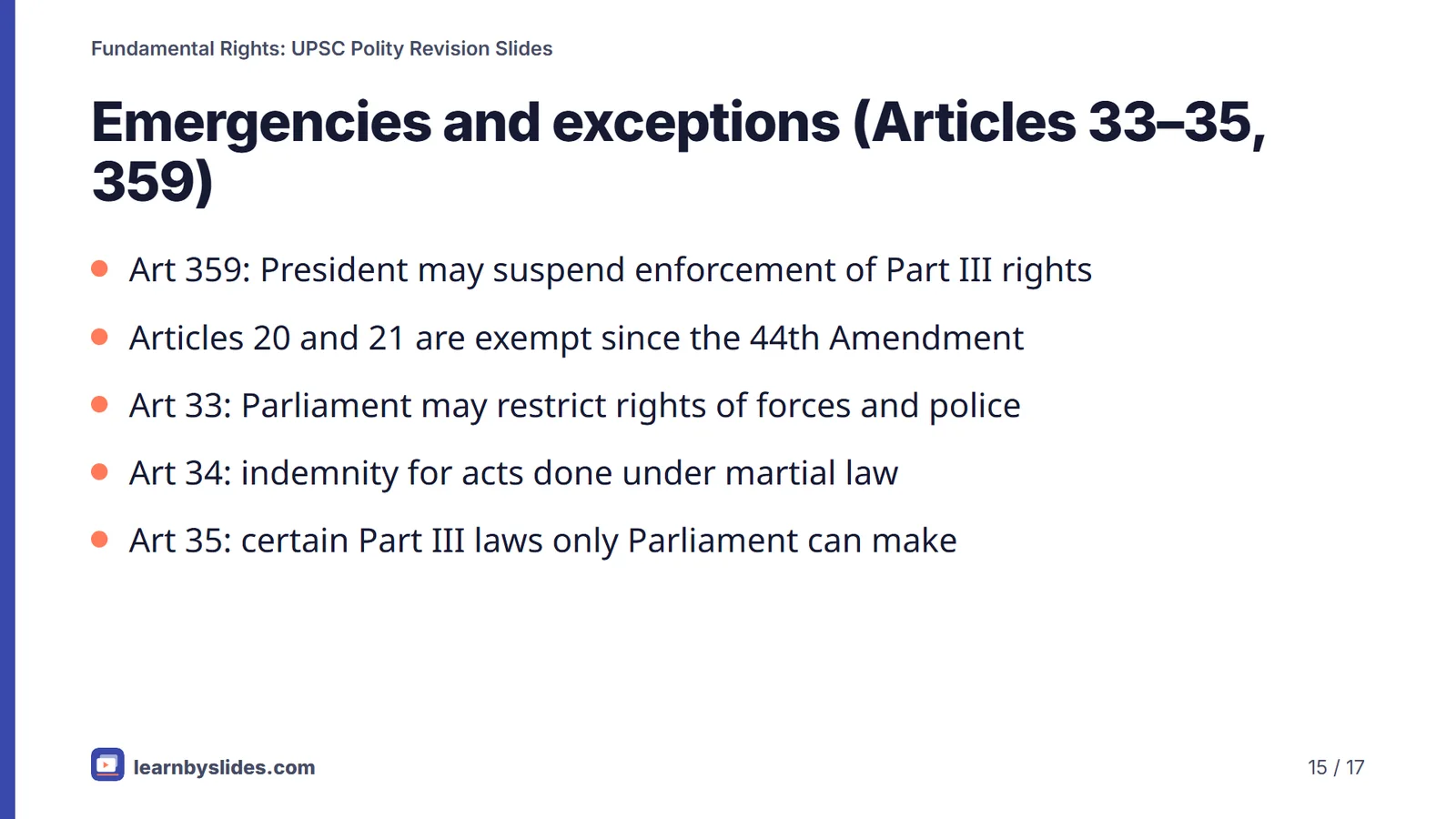 Slide 15 of 17: Emergencies and exceptions (Articles 33–35, 359)