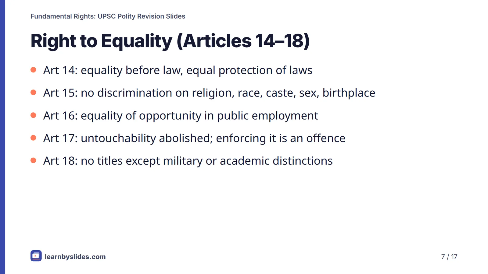 Slide 7 of 17: Right to Equality (Articles 14–18)