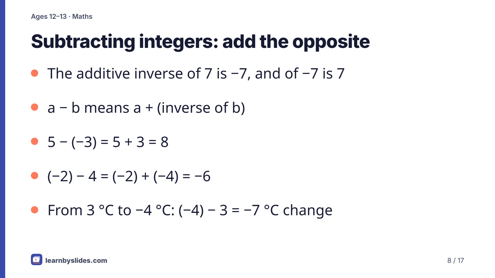 Slide 8 of 17: Subtracting integers: add the opposite