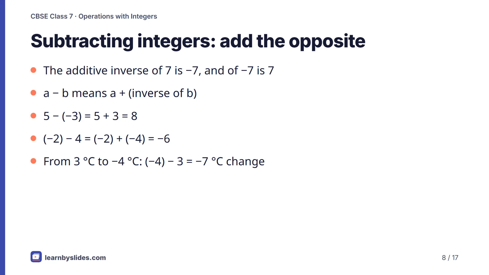 Slide 8 of 17: Subtracting integers: add the opposite