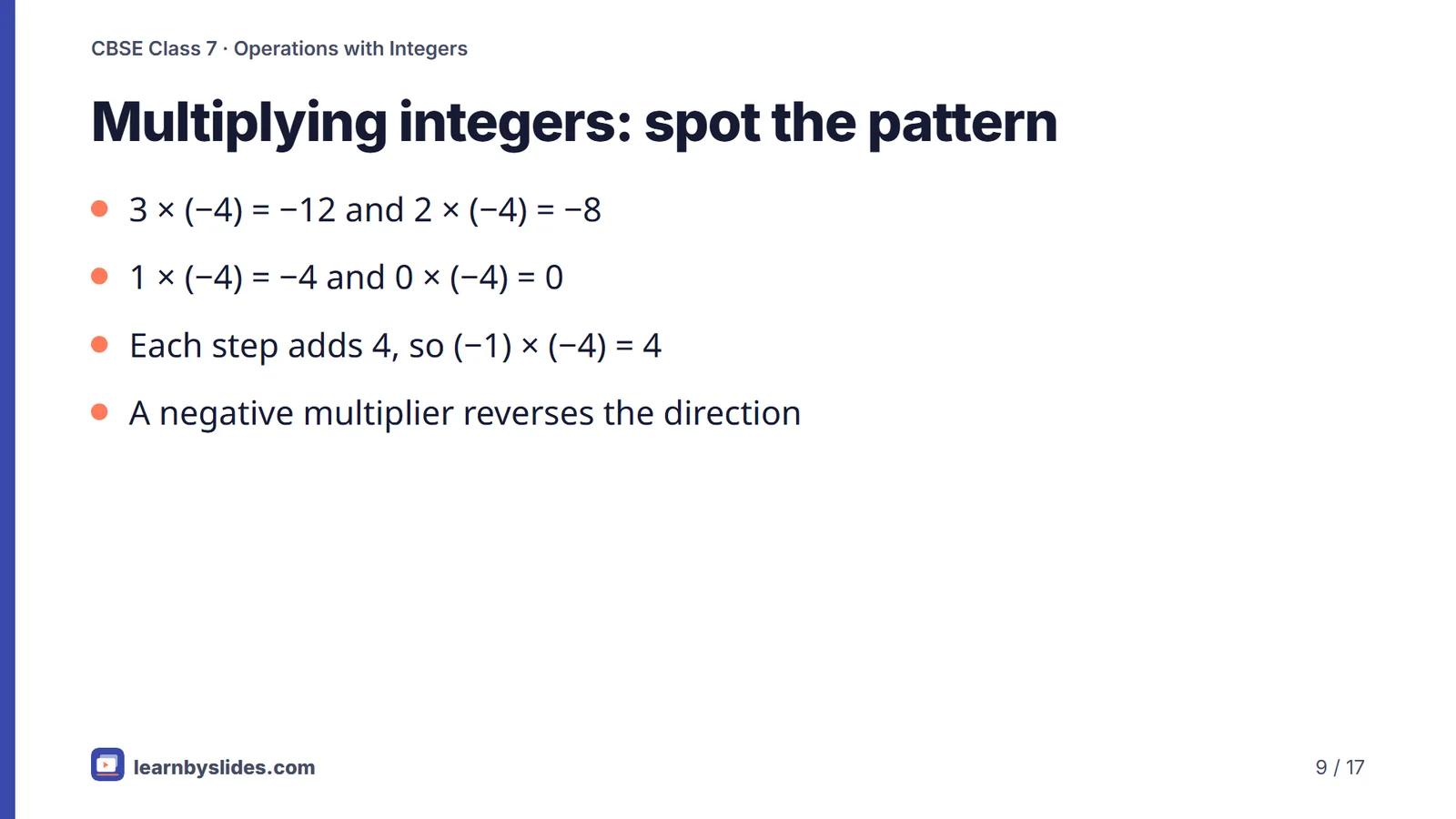 Slide 9 of 17: Multiplying integers: spot the pattern