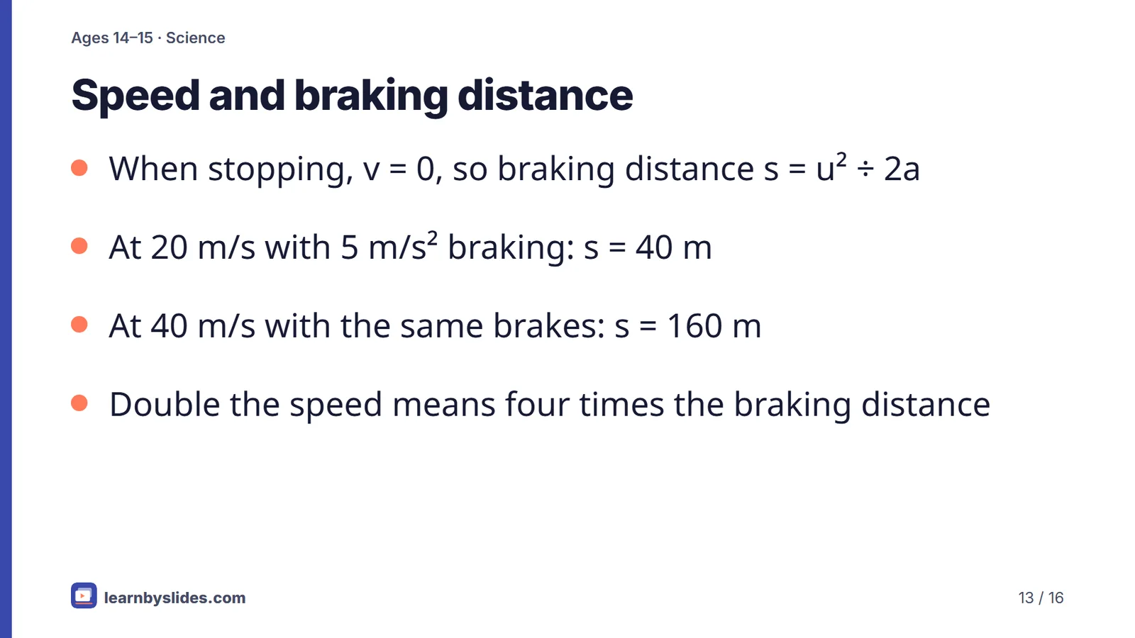 Slide 13 of 16: Speed and braking distance