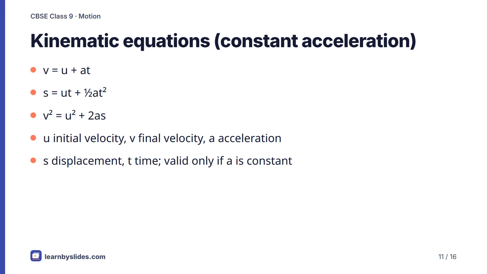Slide 11 of 16: Kinematic equations (constant acceleration)