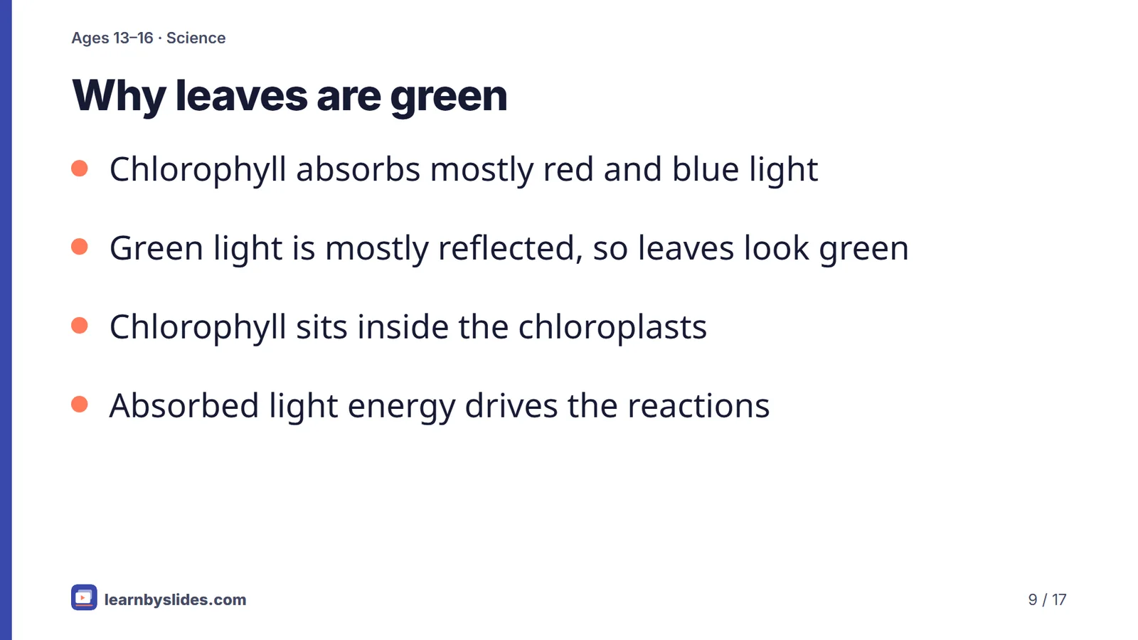 Slide 9 of 17: Why leaves are green