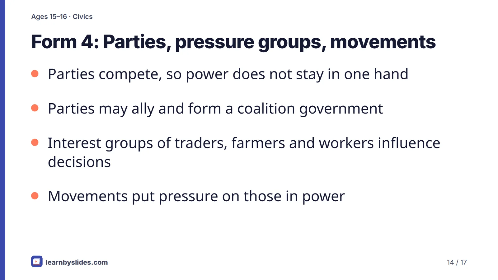 Slide 14 of 17: Form 4: Parties, pressure groups, movements