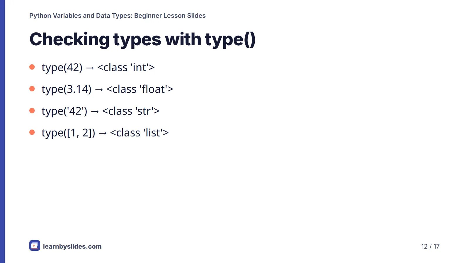 Slide 12 of 17: Checking types with type()