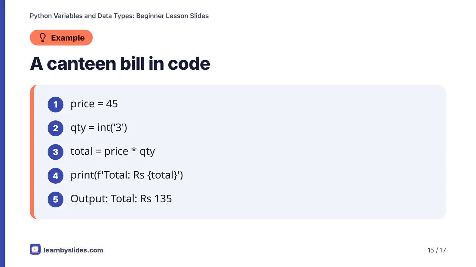 Slide 15 of 17: A canteen bill in code