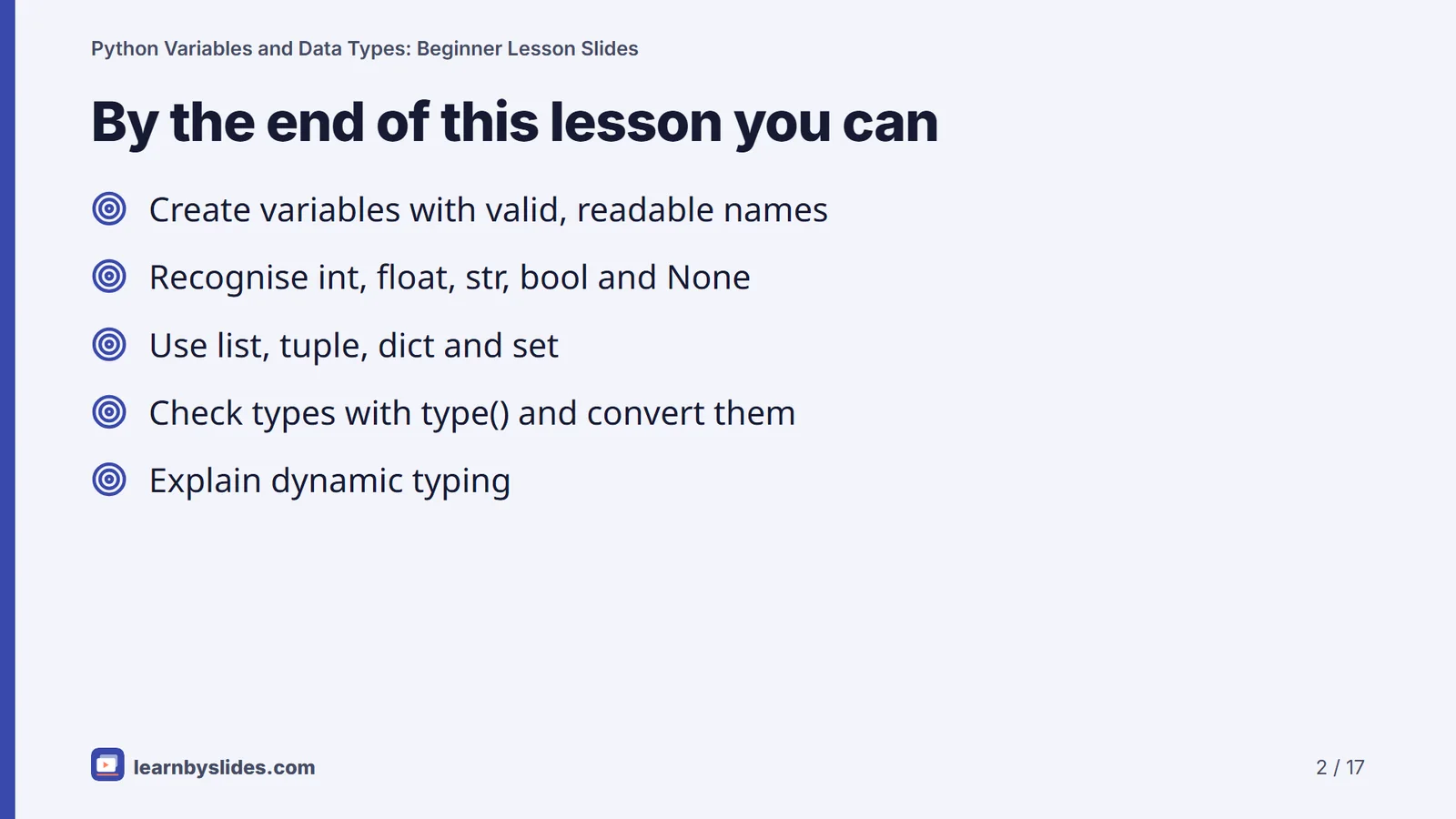 Slide 2 of 17: By the end of this lesson you can