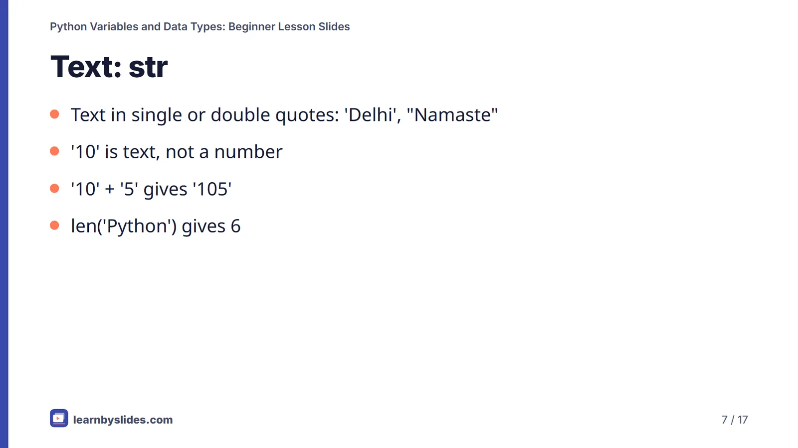 Slide 7 of 17: Text: str