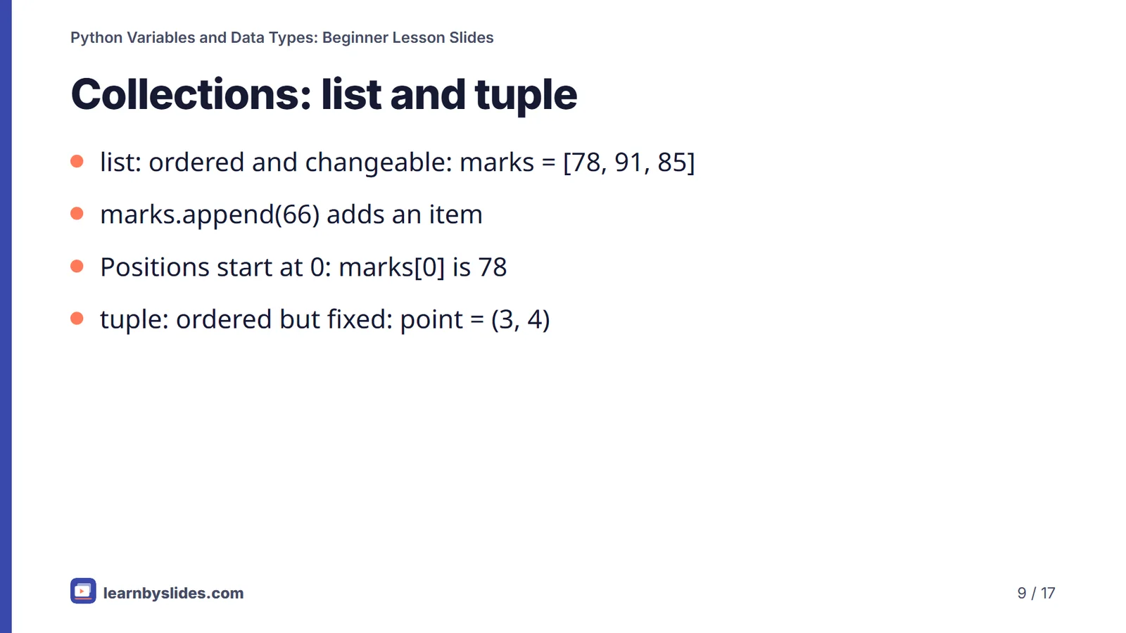 Slide 9 of 17: Collections: list and tuple