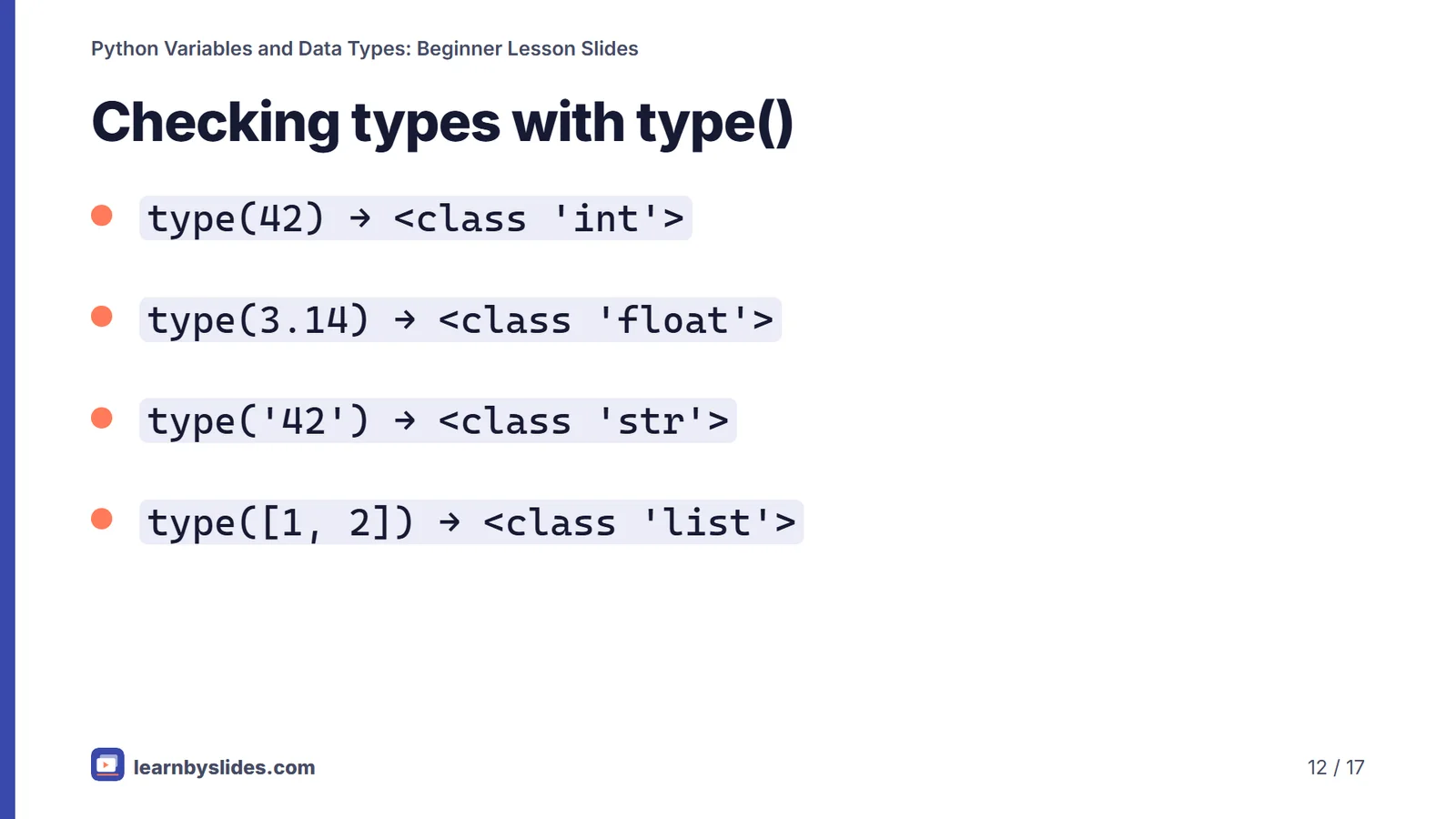 Slide 12 of 17: Checking types with type()
