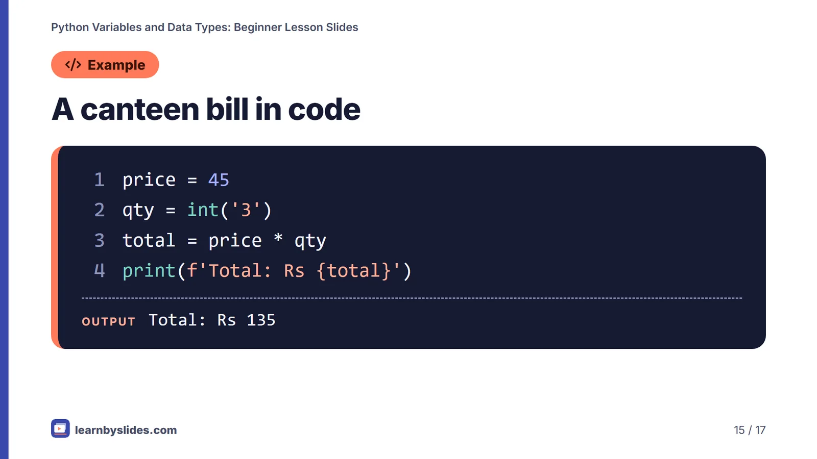 Slide 15 of 17: A canteen bill in code