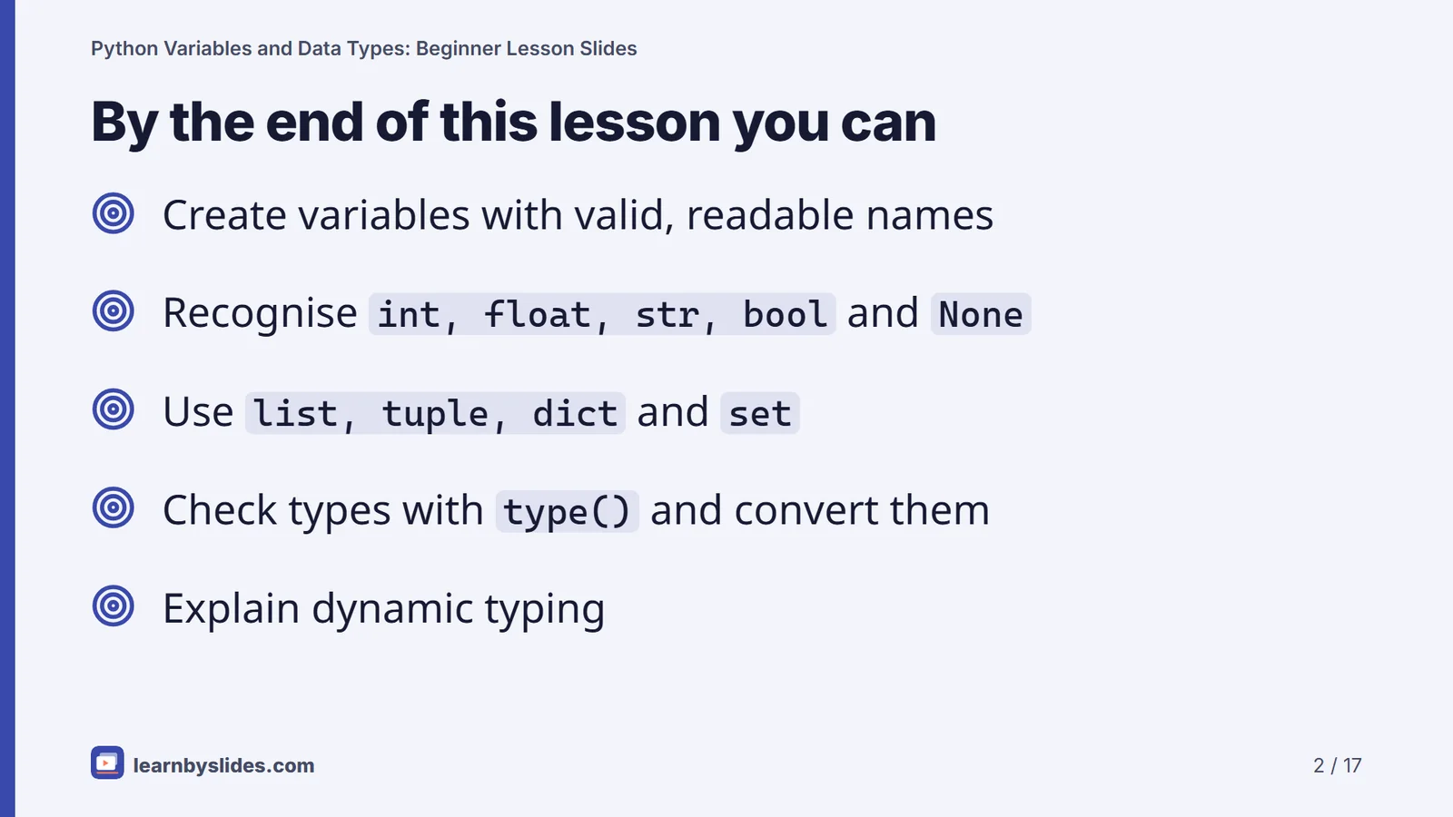 Slide 2 of 17: By the end of this lesson you can