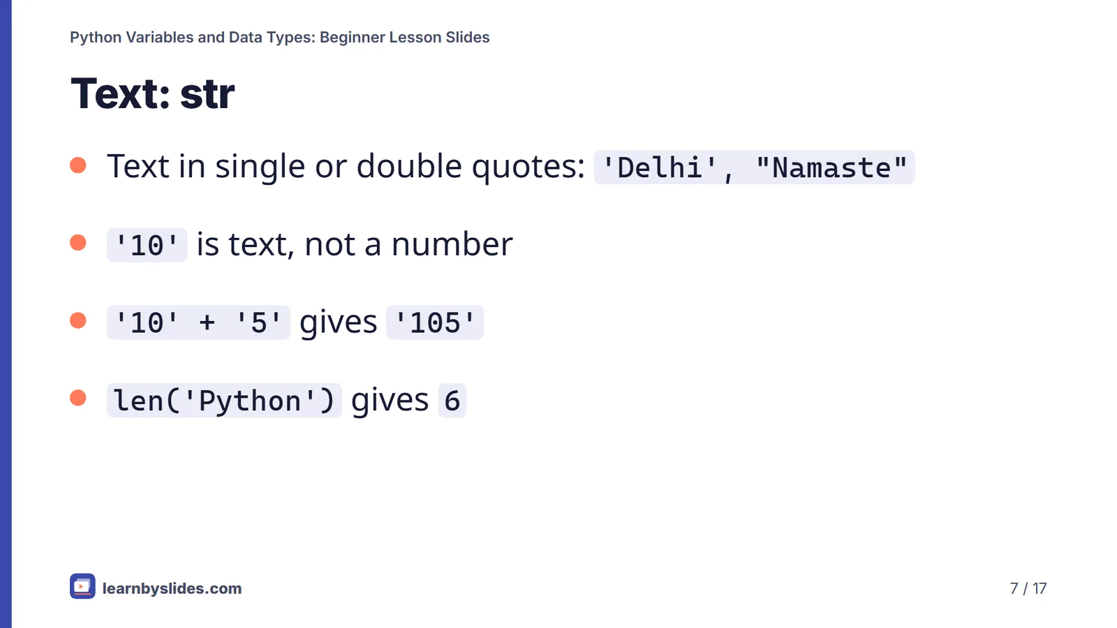 Slide 7 of 17: Text: str